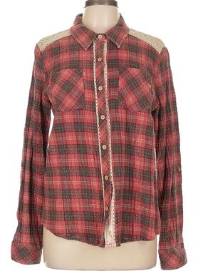 Miss Me Red Plaid Button-Up Shirt with Crochet Shoulder Detail